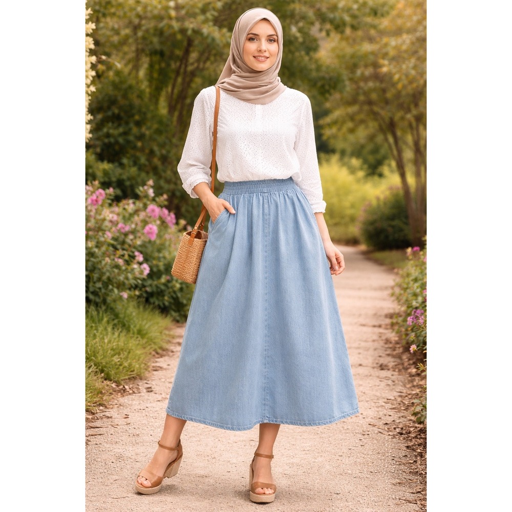 VTG Y2K LA Blues Denim MIDI  Skirt 14/16 Light Wash A Line High Waist Pockets